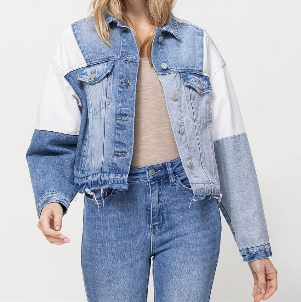 Vervet Denim - Oversized Crop Denim Jacket Color Block Disteessed